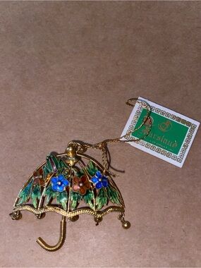 Vintage Gold Filigree Enamel Umbrella Bag Charm / Pendant Floral Parasol